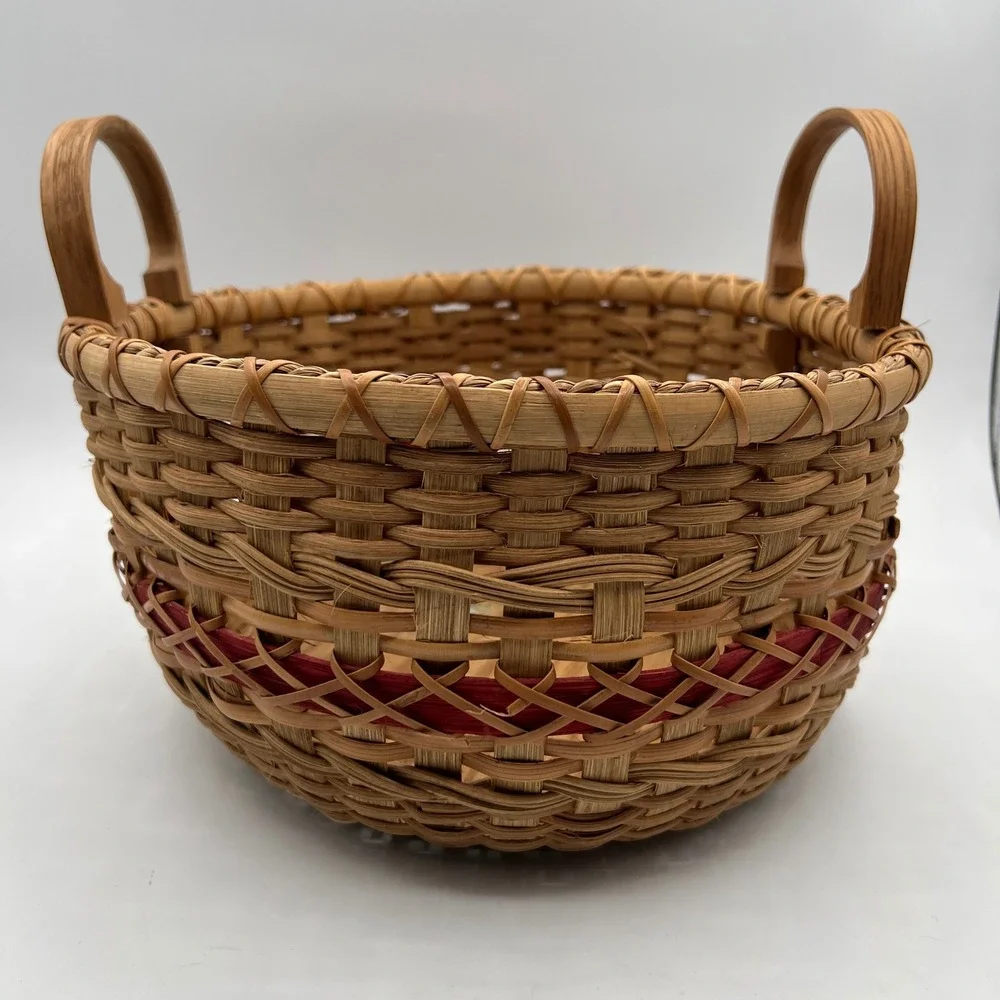 Handmade Round Woven Basket Wood Base Red Accent Band Bentwood Handles 11in